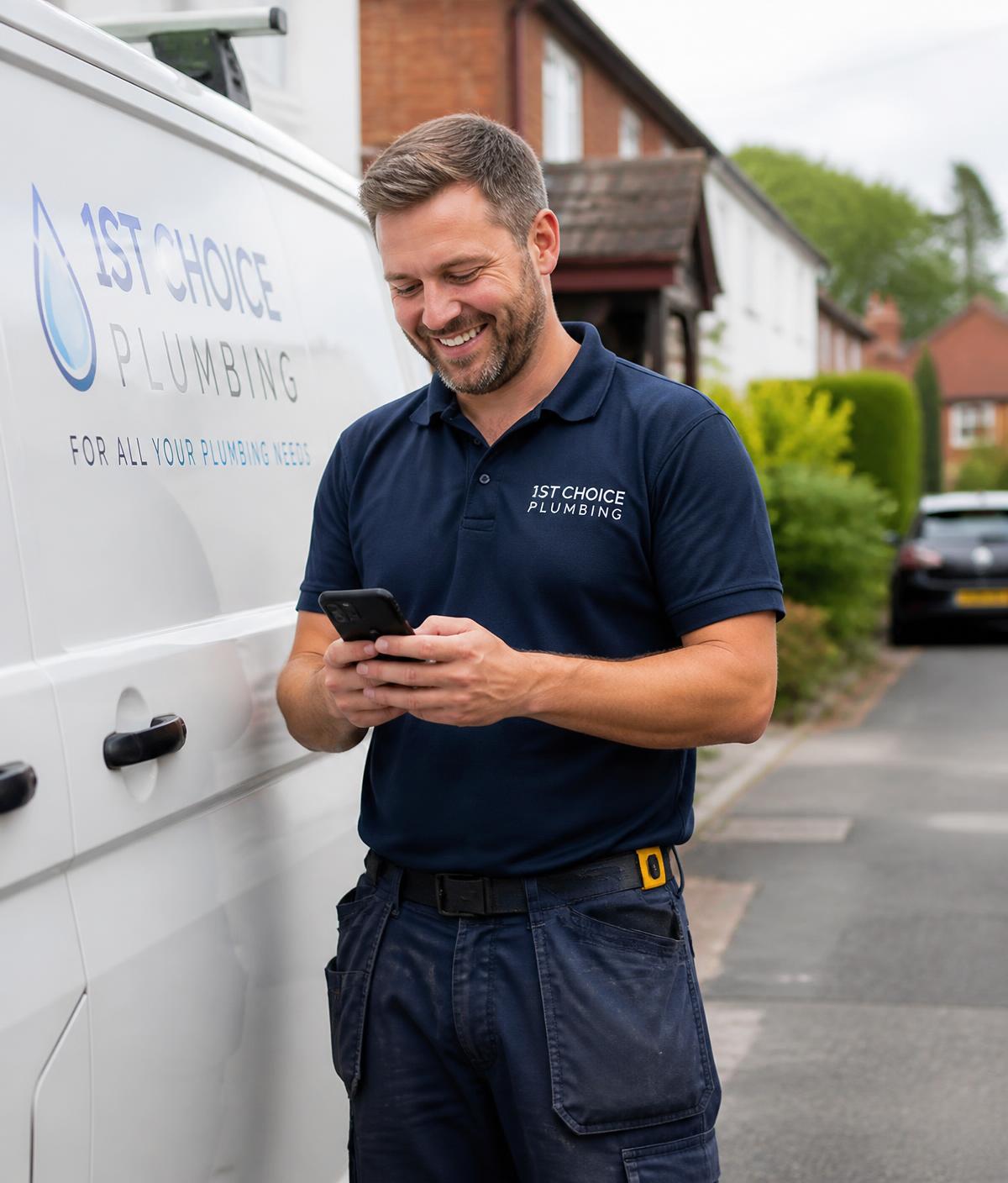 A plumber standing by his van, reading a text from a new customer